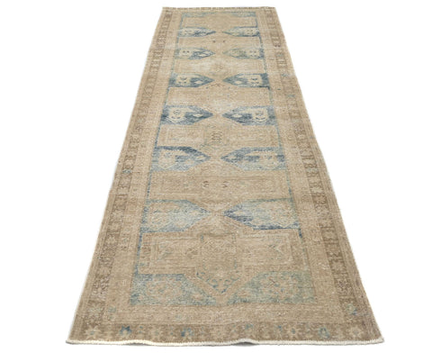 11 Ft Vintage Brown Persian Style Hand Knotted Distressed Low Pile Wool Runner Rug